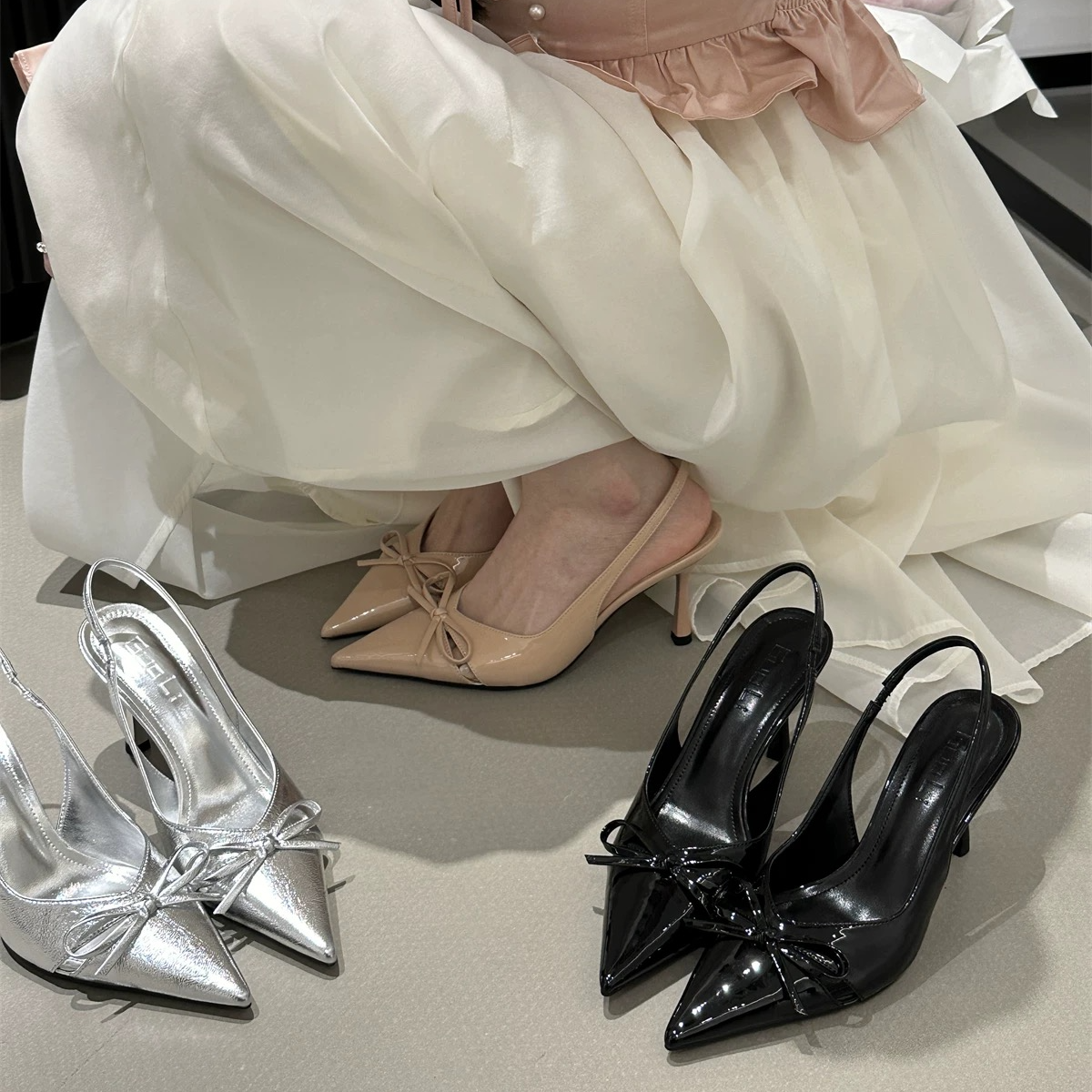 尖头蝴蝶结细跟后空凉鞋女2025年春夏新款高跟后绊带包头浅口单鞋