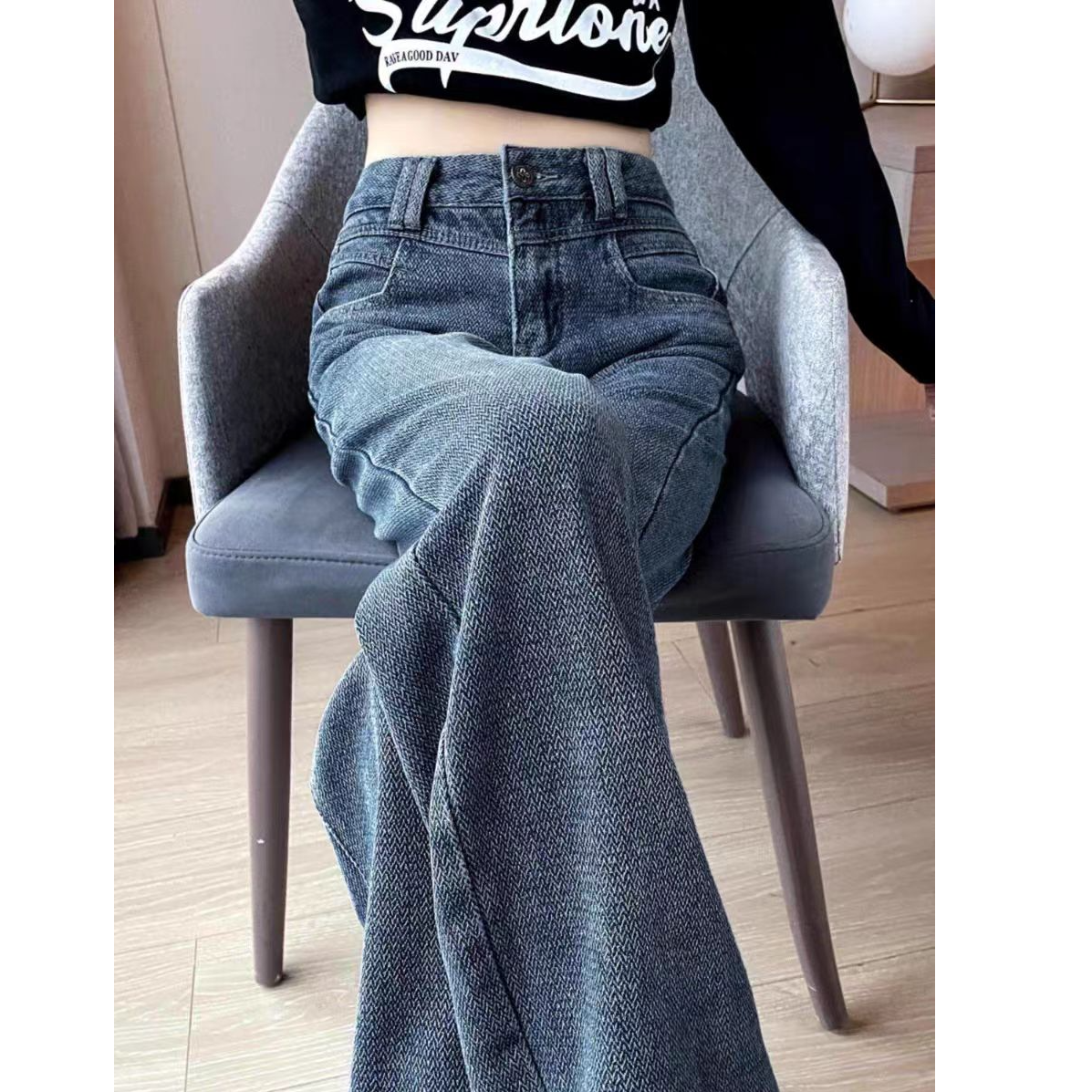 秋款美式星空阔腿牛仔裤复古高腰MM显瘦直筒拖地大码女装设计长裤