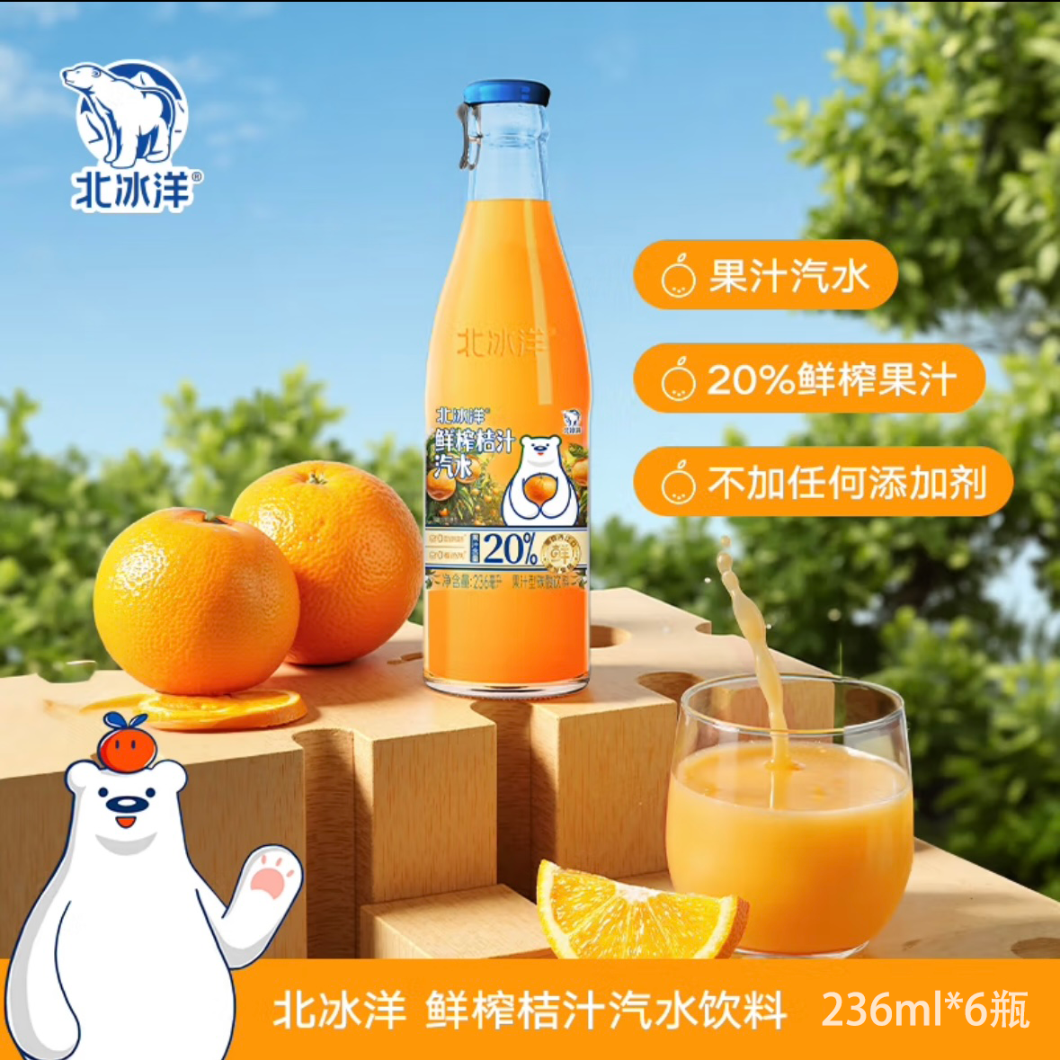 【对对碰许愿】北冰洋鲜榨桔汁气泡果汁饮料20% 236ml鲜果冷压榨取