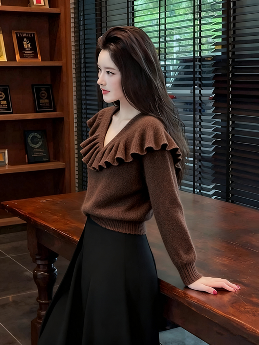 韩系休闲慵懒风咖色v领长袖毛衣针织衫女秋冬款百搭宽松显瘦上衣