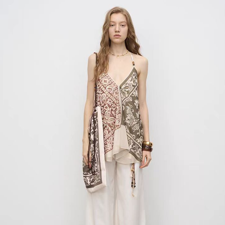 ODTD V领艺术印花撞色串珠吊带衫ODTD051E014