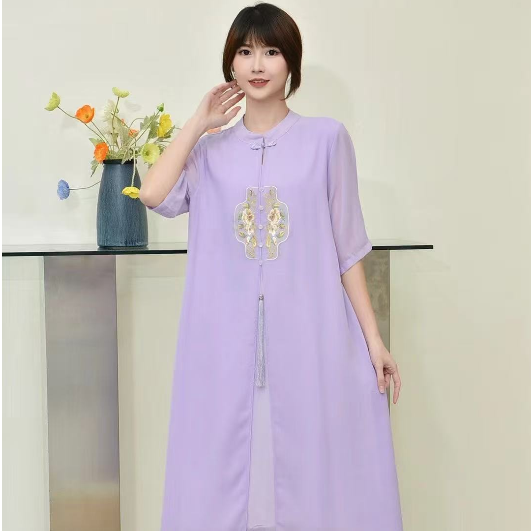 9109 新款国风假两件绣花连衣裙气质   白色里衬