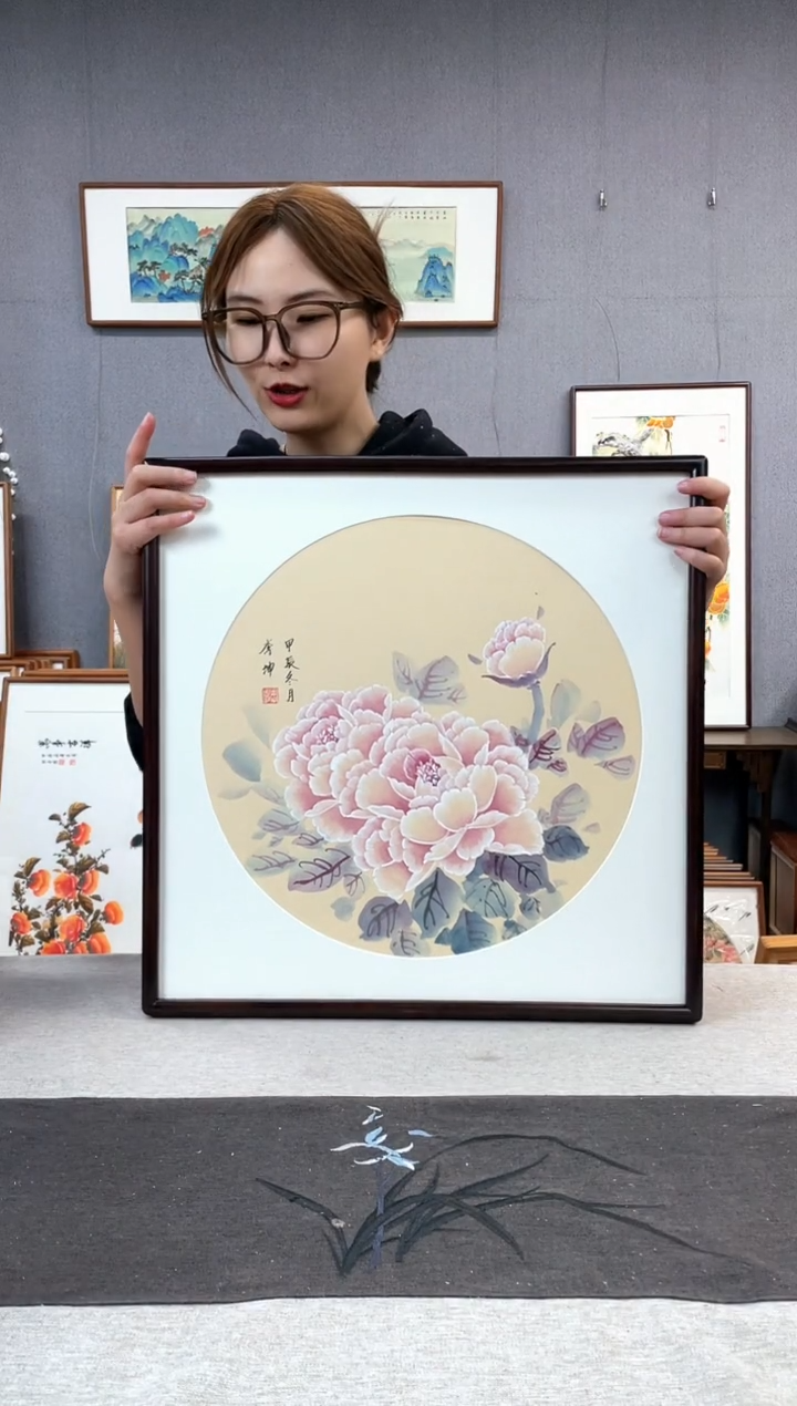 【闪购商品】国画李坤-手绘带框作品-53*53-牡丹