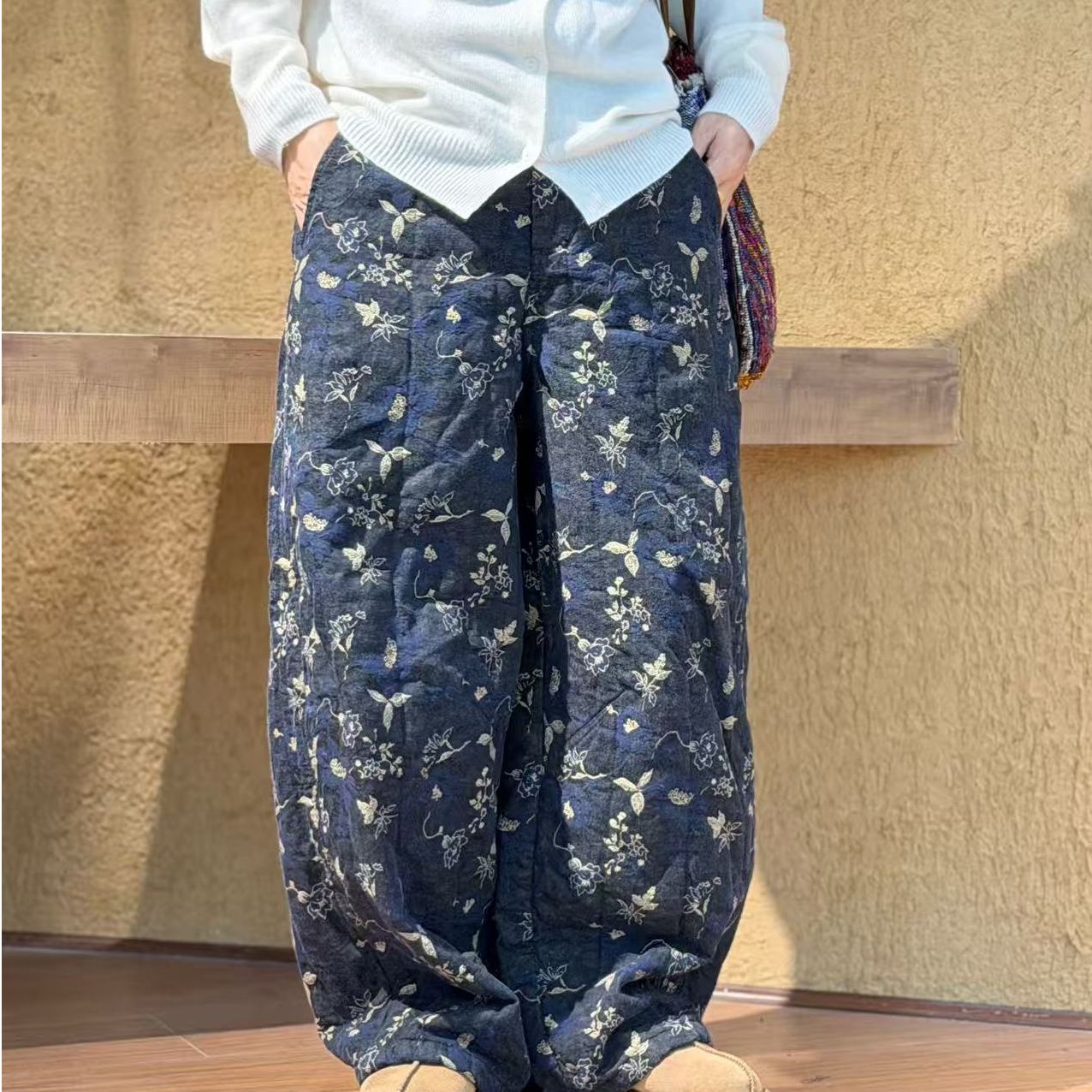 2025冬季新款色织提花高品休闲棉裤251029碎花蓝色直筒时尚百搭