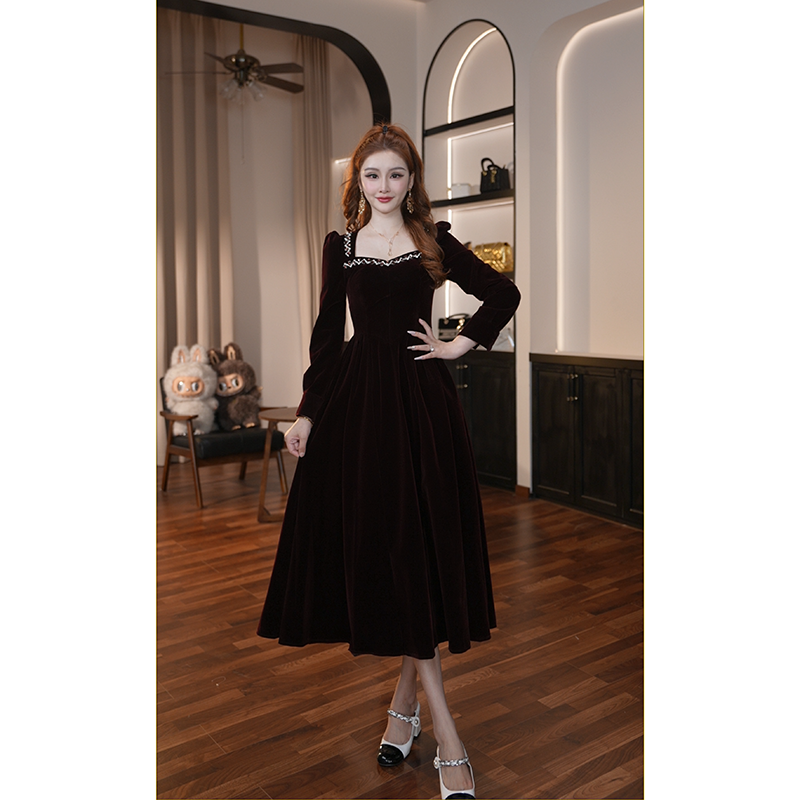 【晚晚定制】新款轻奢显瘦方领连衣裙赫本风秋冬拼接收腰长裙80306