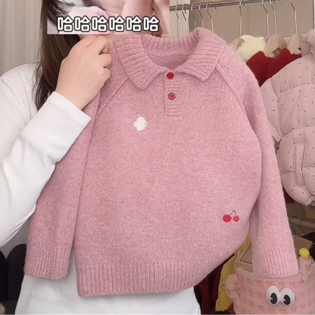 女童冬季新款针织衫洋气女宝宝翻领休闲保暖毛衣