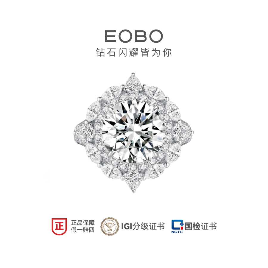 实验室培育钻石EOBO 18K金5克拉繁花双圈围镶培育钻石戒指
