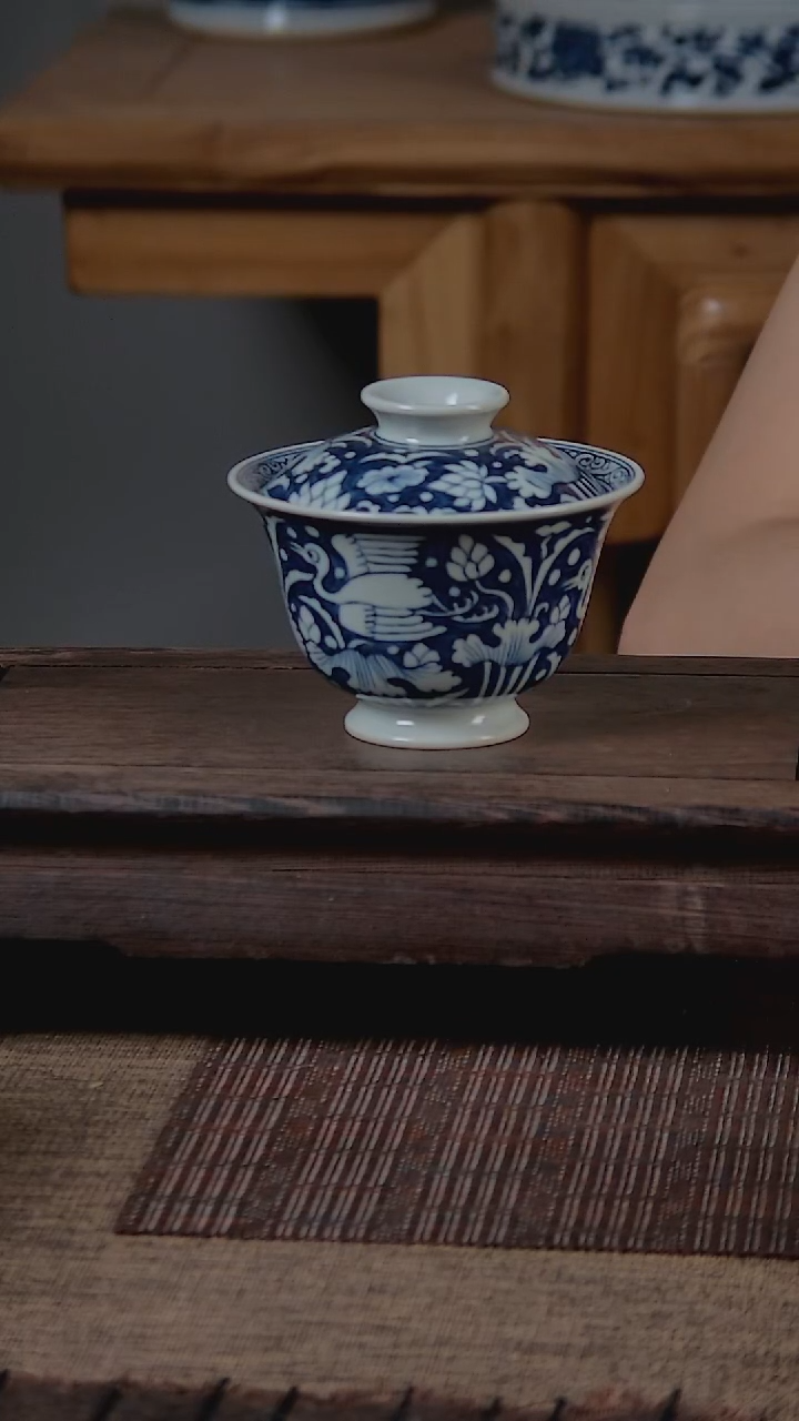 折葵非器手工手绘一鹭莲科两才盖碗