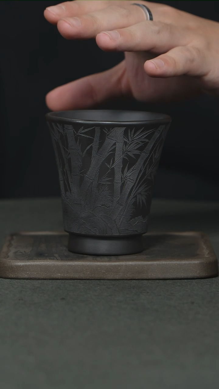 茶杯紫砂石黄竹节刻绘主人杯