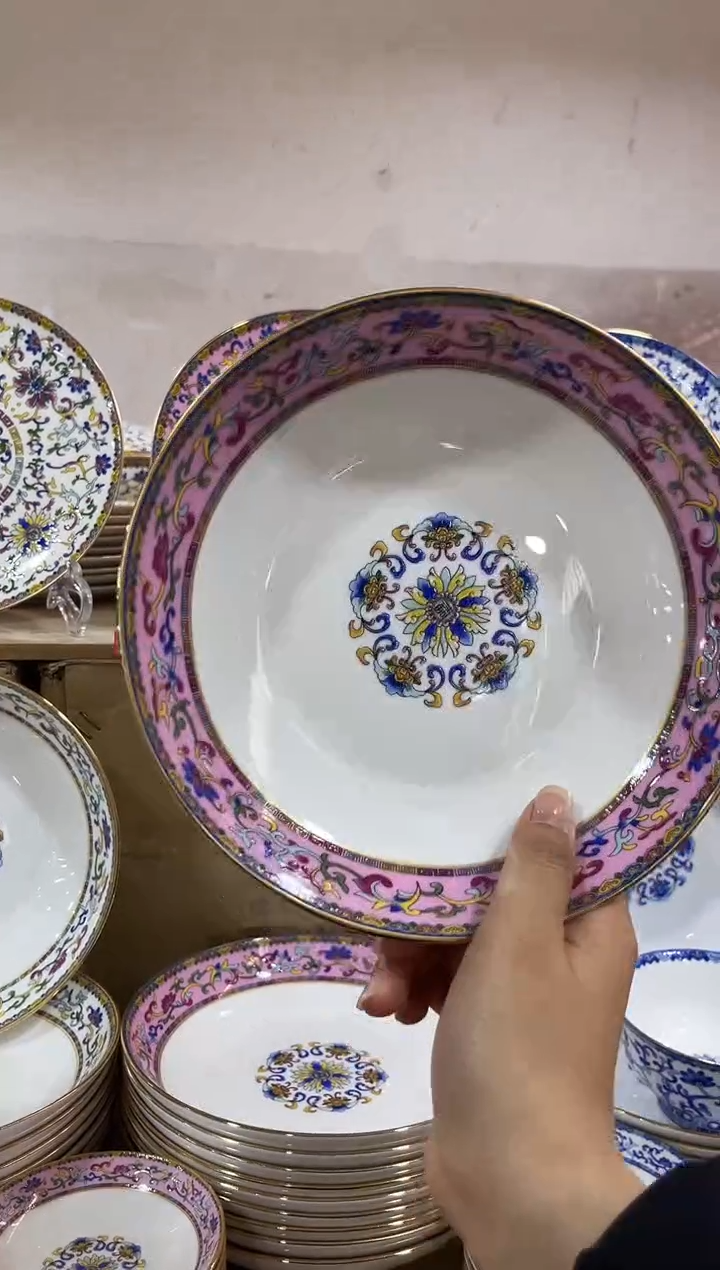 瓷8英寸金福圈花深盘少女粉6个