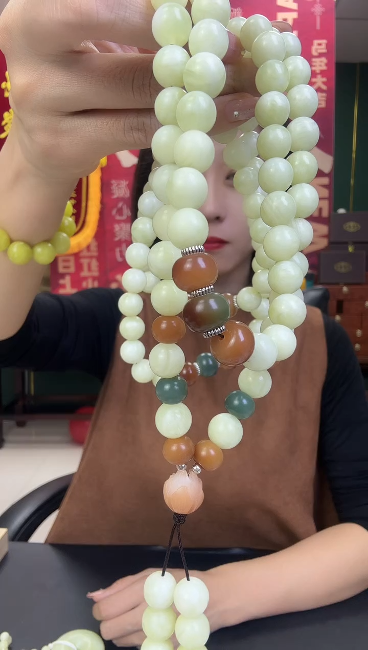 未镶嵌透闪石-蛇纹石玉项链辽玉108颗项链