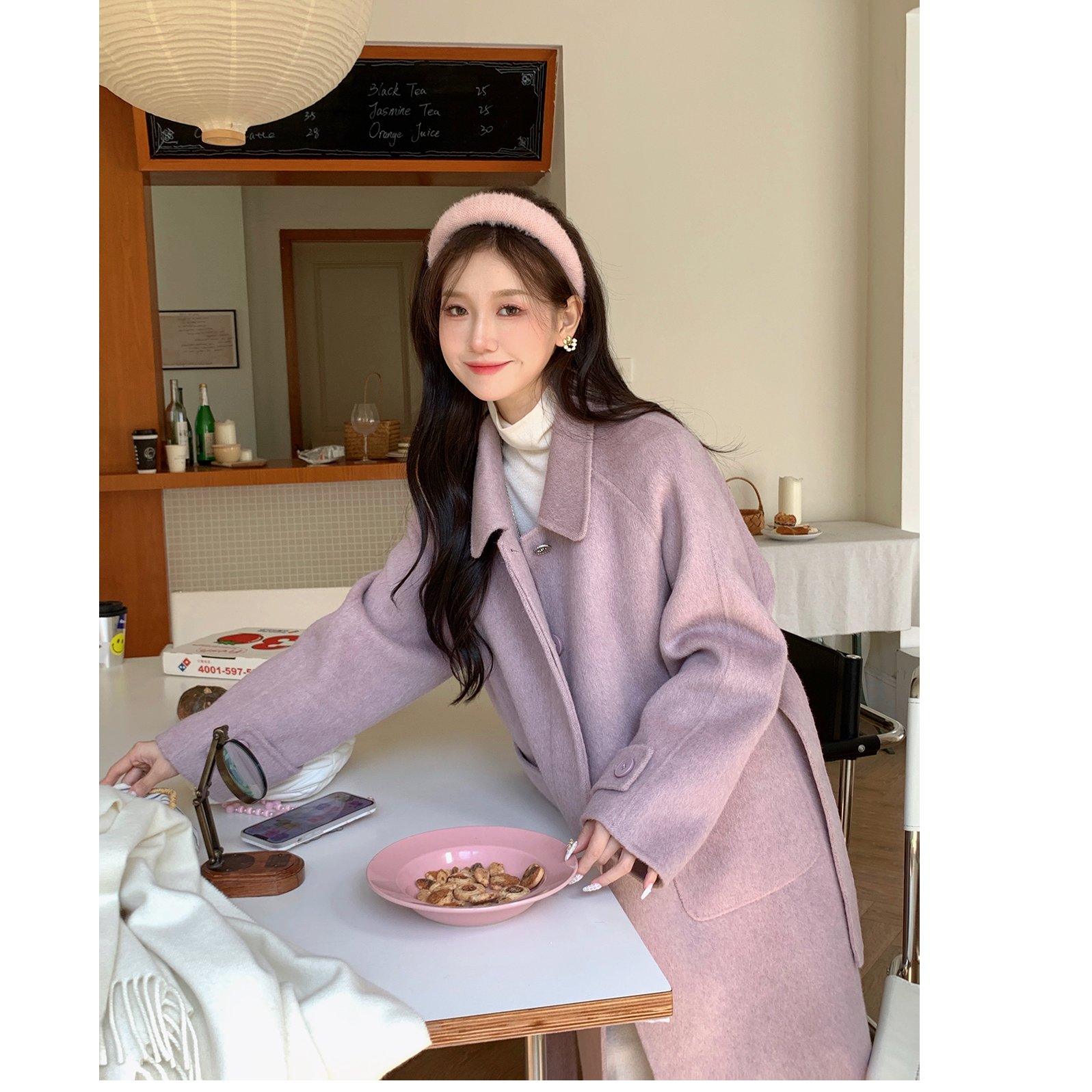 秋冬双面呢子大衣中长款复古赫本风温柔紫色毛呢风衣外套女