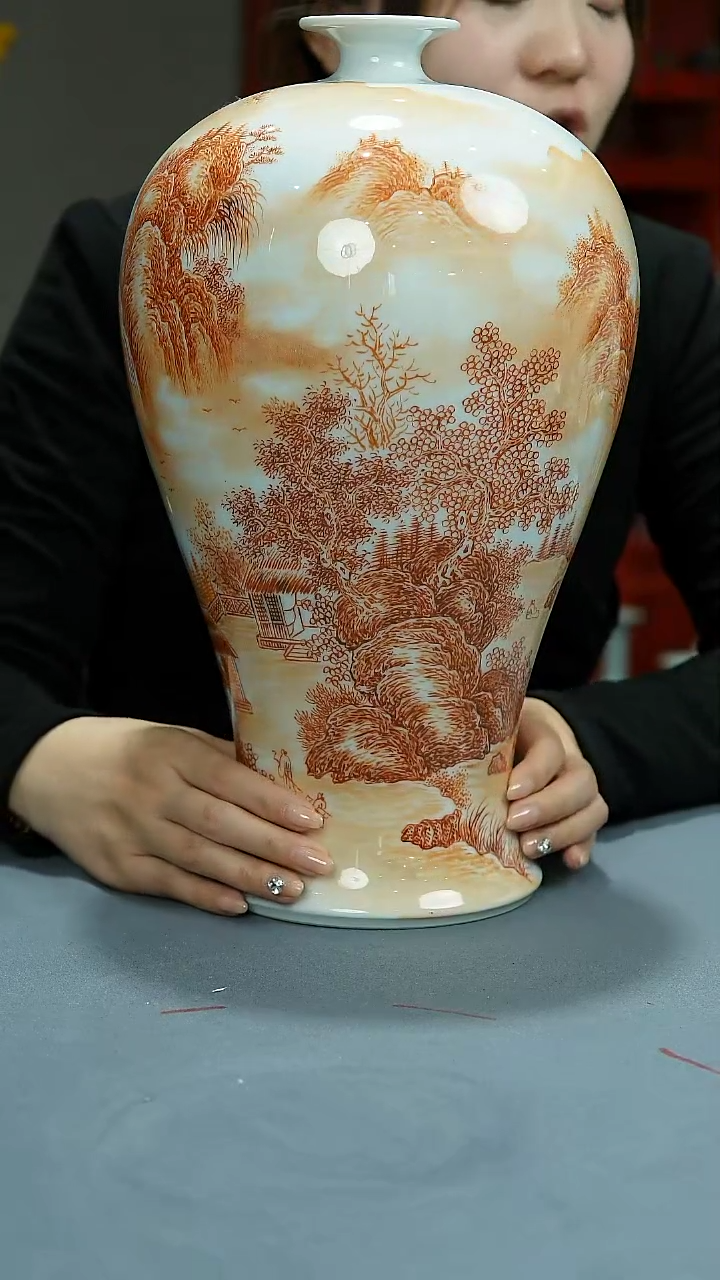 【闪购商品】官窑瓷画院396官窑瓷画院矾红山水梅瓶