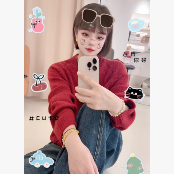 秋冬简约百搭下摆小象小圆领插肩针织毛衣女