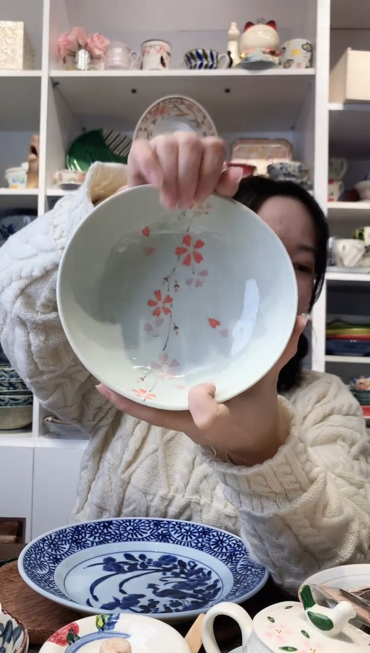 陶瓷【微瑕】白韵垂樱椭圆钵17cm