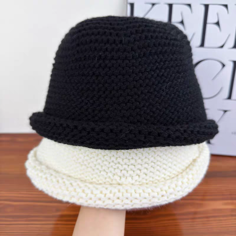 秋冬日系针织卷边渔夫帽女纯色简约遮阳小檐盆帽大头显脸小水桶帽