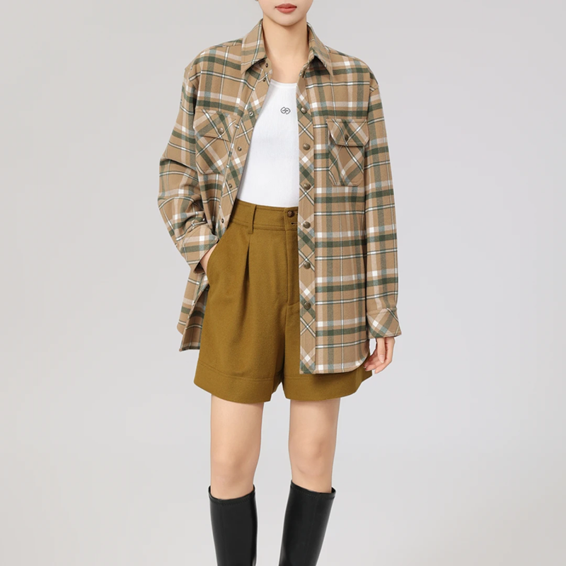 商场同款2024冬季加厚磨毛红格子大版工装长袖衬衫外套1301058