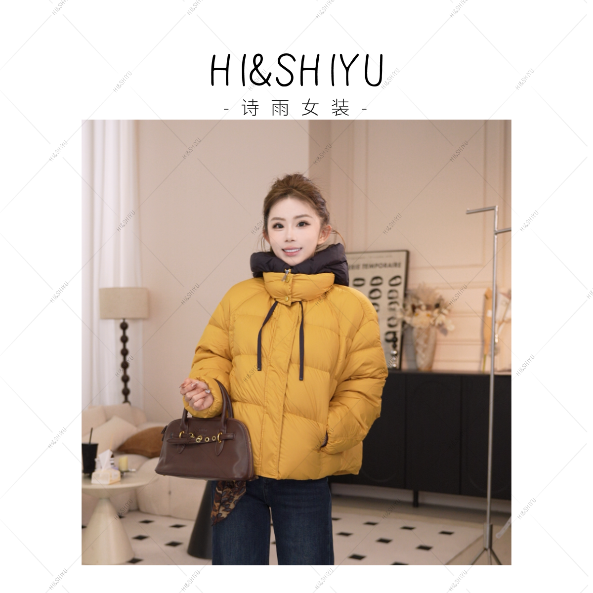HISHIYU8772韩版百搭宽松型连帽保暖时尚休闲简约90白鸭绒羽绒服
