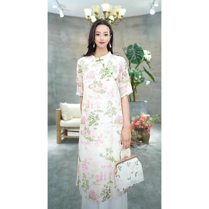 赠李白【白清明上河图】100支苎麻中国风旗袍原创设计特调颜色6913