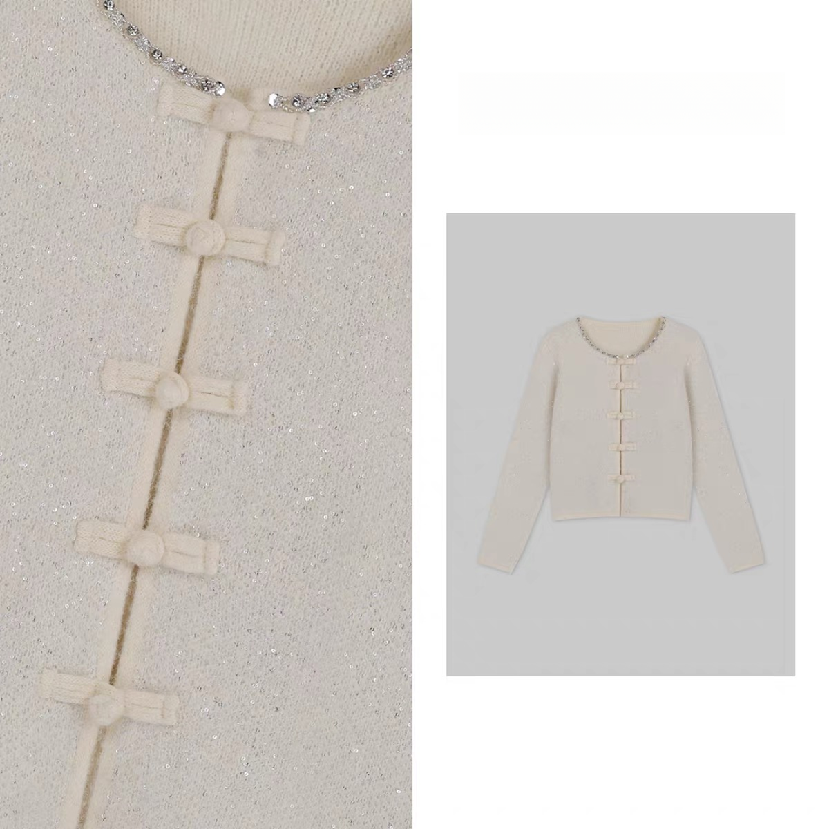 MeiQi 南油高货！重工亮片盘扣新中式小香风串珠针织开衫上衣A3592