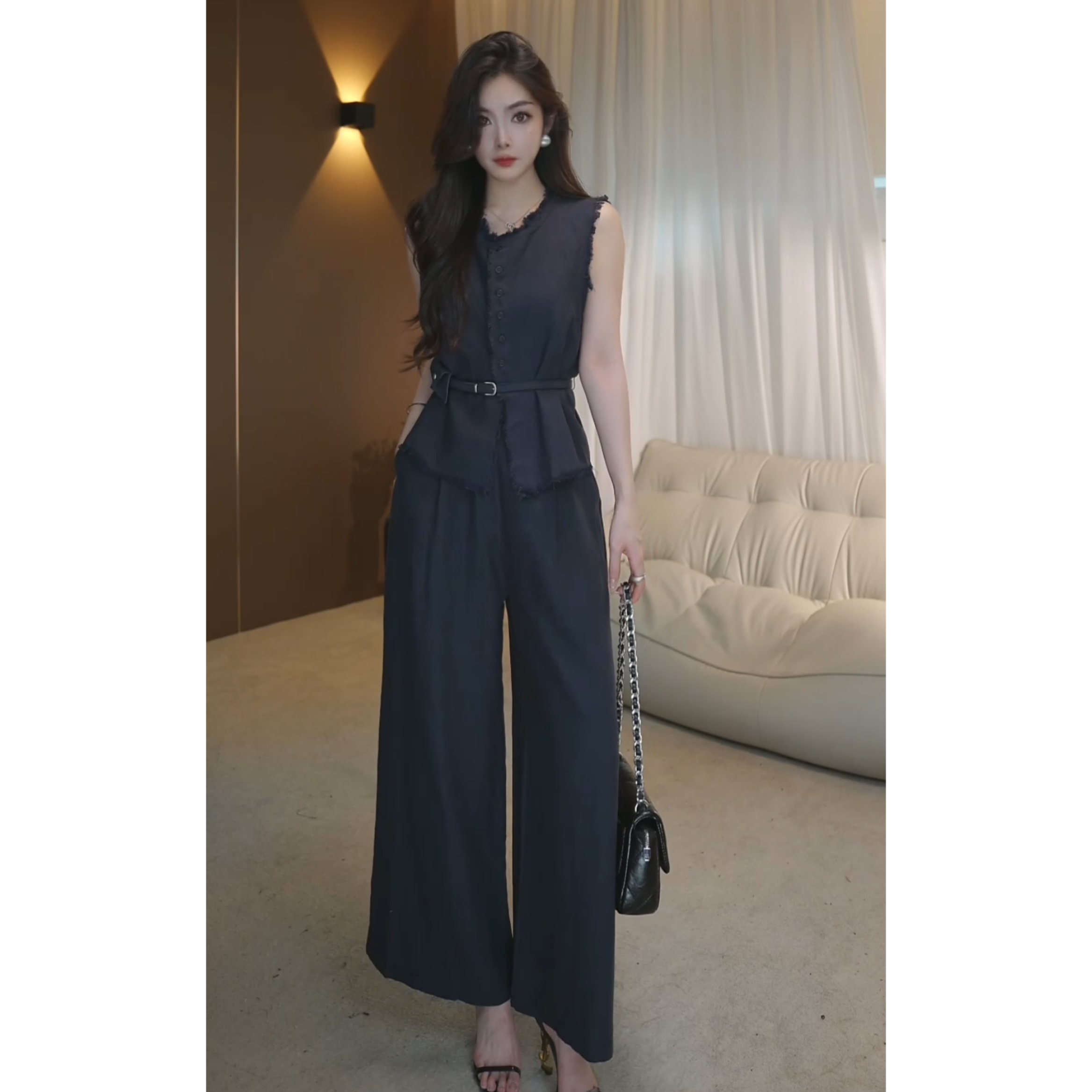 Yh定制【午后阳光】法式小香风流苏圆领马甲阔腿裤显瘦两件套x002