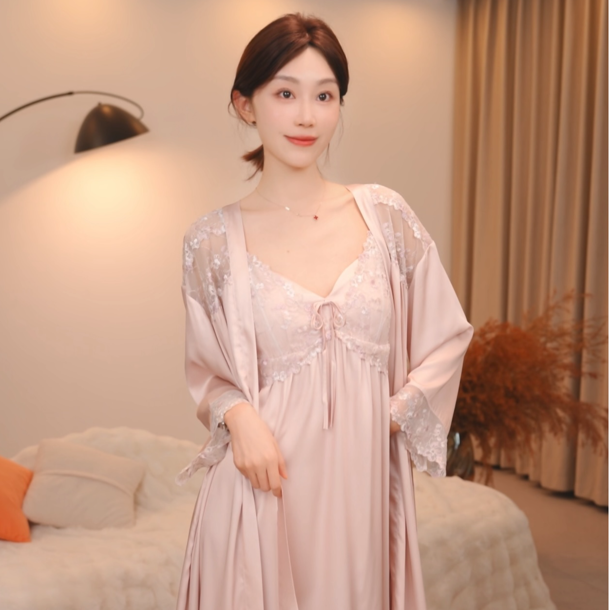 板栗小姐【粉夭】中长款短袖蕾丝重工刺绣气质睡衣睡裙仙女款家居服