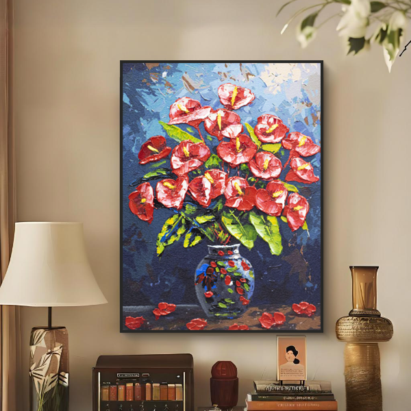 北欧立体餐厅花卉手绘油画客厅装饰画现代艺术肌理挂画花瓶6080