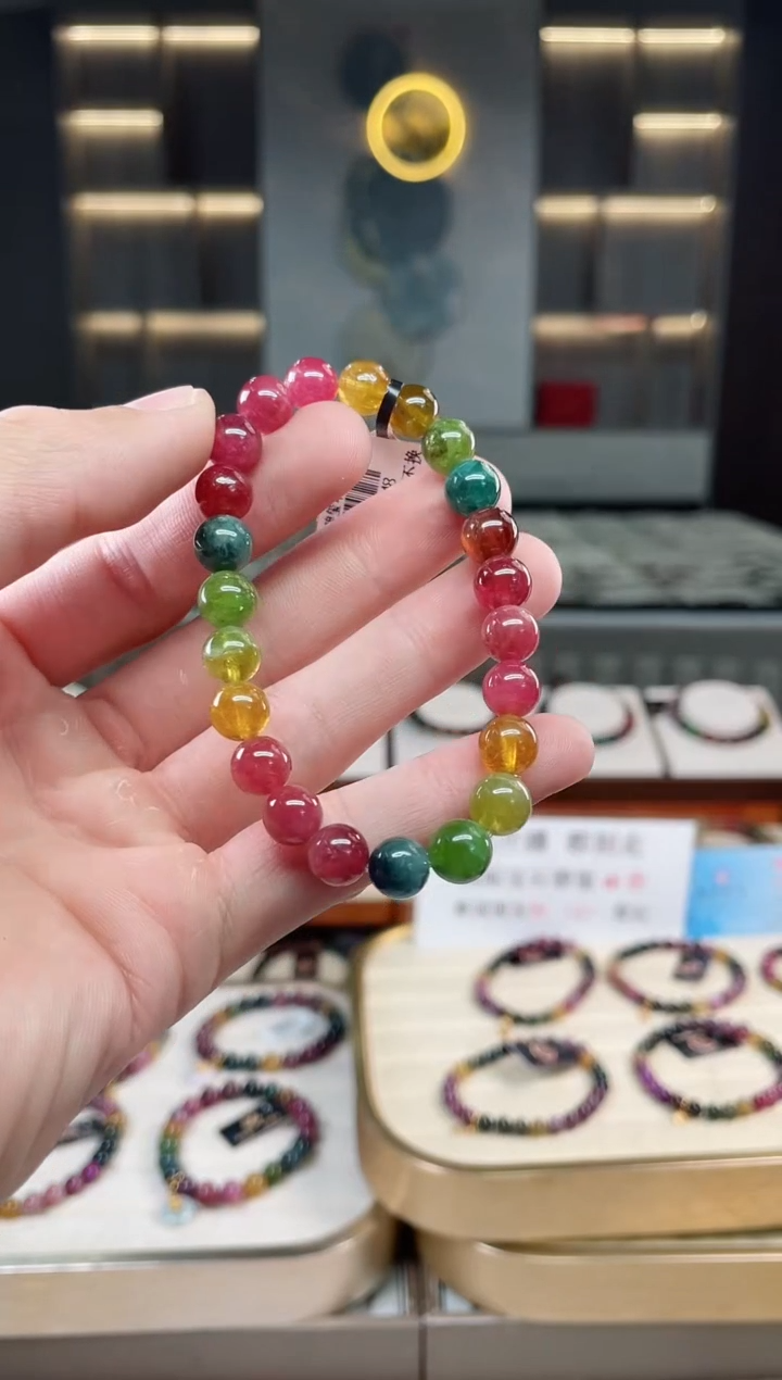 未镶嵌冰透体老矿碧玺彩虹单圈手串8mm+碧玺多样性发一条xion