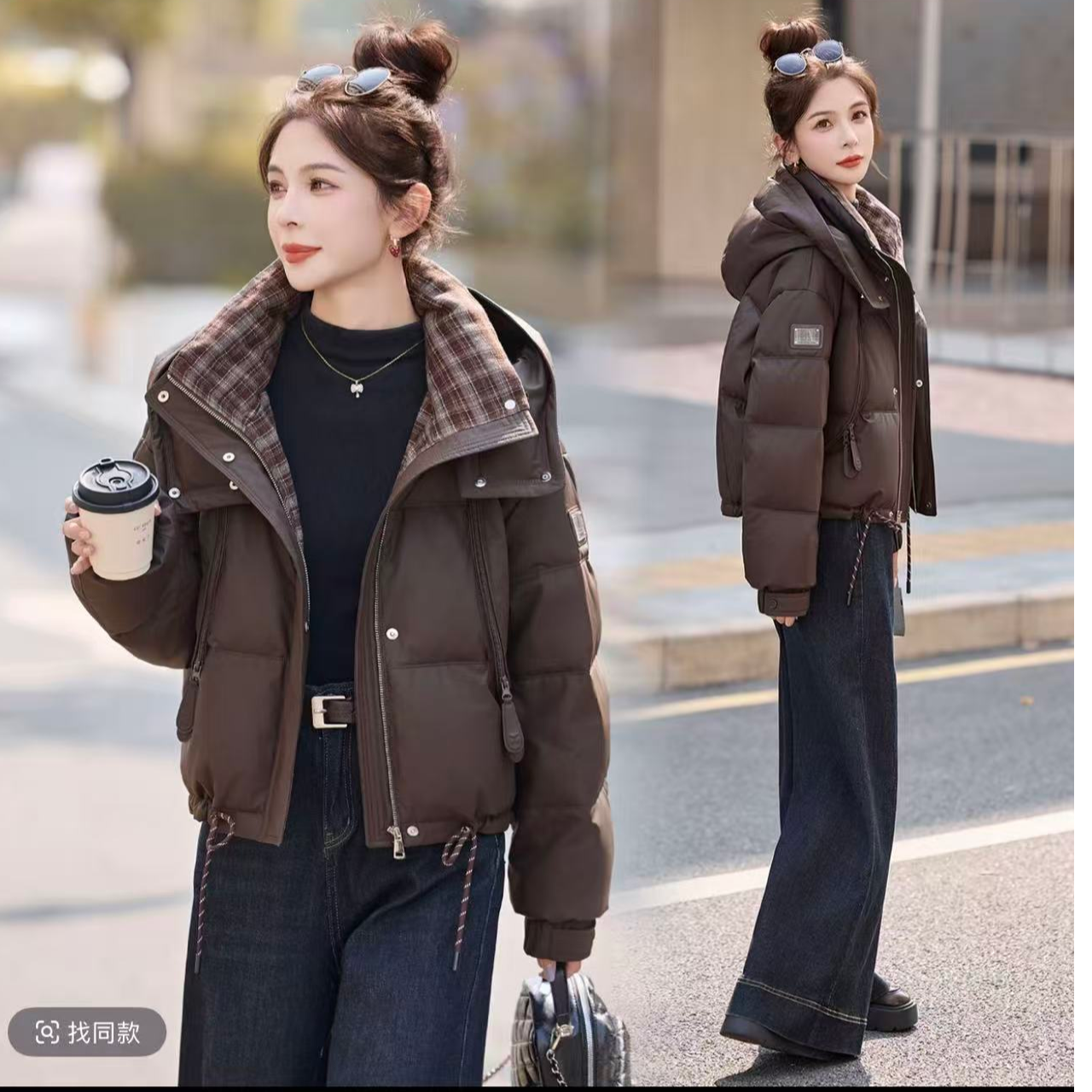 338厚款连帽冬季保暖短款拒污防水PU皮拼接小个子时尚羽绒服