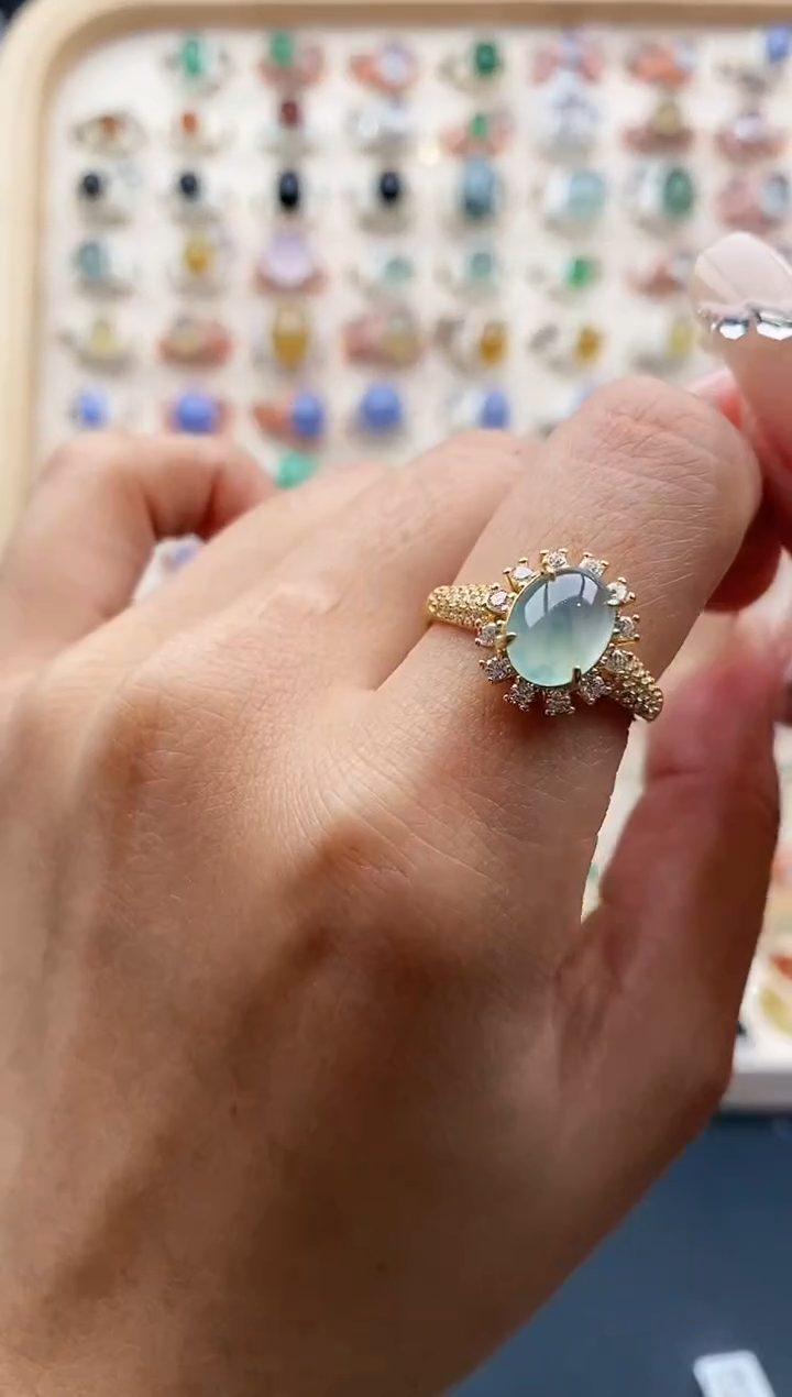 【闪购商品】翡翠戒指银S925镶嵌缅甸天然A货翡翠222   5-3