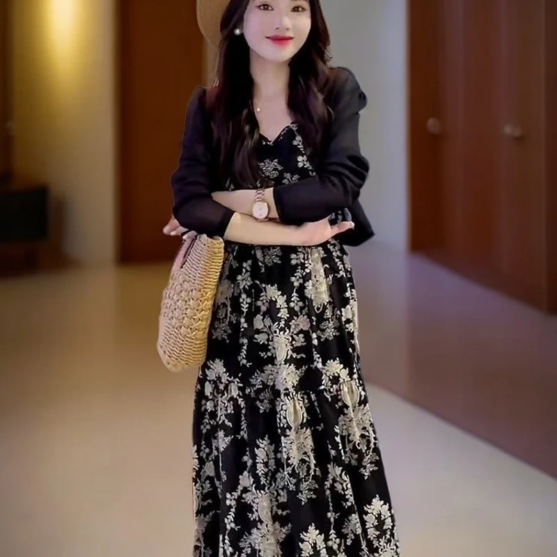 【套装】春夏季高档时装两件套女装印花连衣裙+长袖外披4078[W]