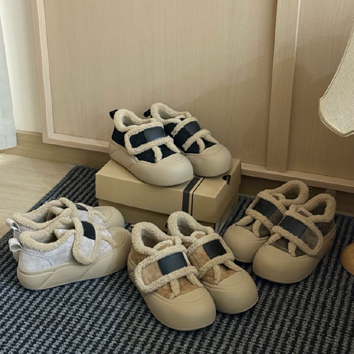 河南桑坡发货真皮真毛泡芙魔术贴面包鞋百搭休闲厚底加绒保暖