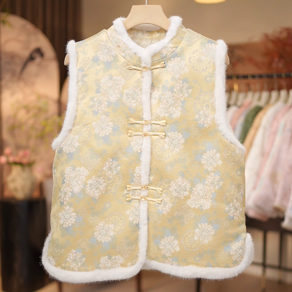 新中式复古国风织锦提花立领马甲秋冬加棉加厚保暖显瘦马夹女