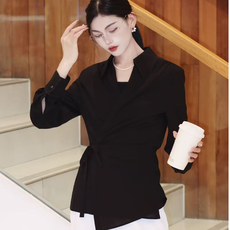 GIRDEAR/哥弟130087  秋季新款女士时尚小众法式黑色显瘦长袖衬衫