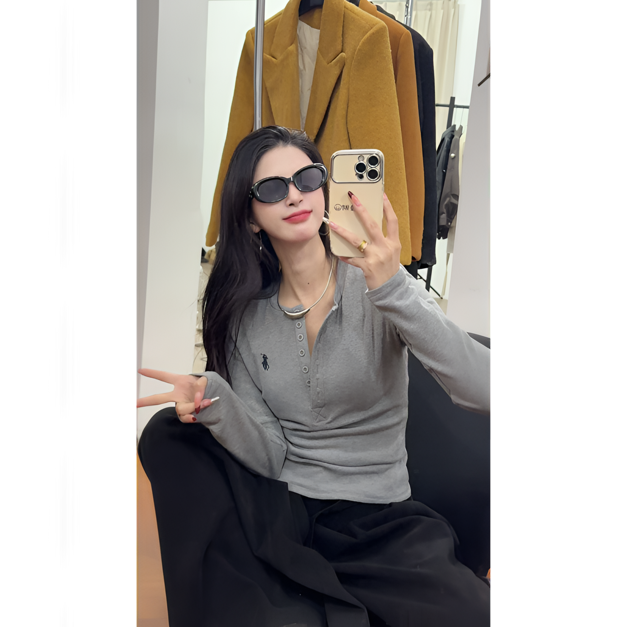 【Dunn】新款打底纯色刺绣纽扣半开领修身百搭长袖 A-132