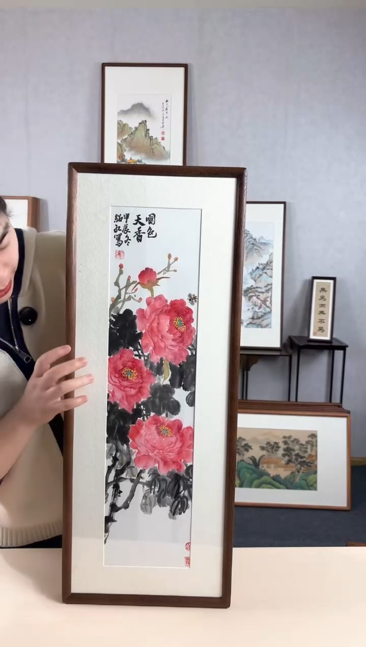【闪购商品】国画手绘*牡丹*28*72cm实木框