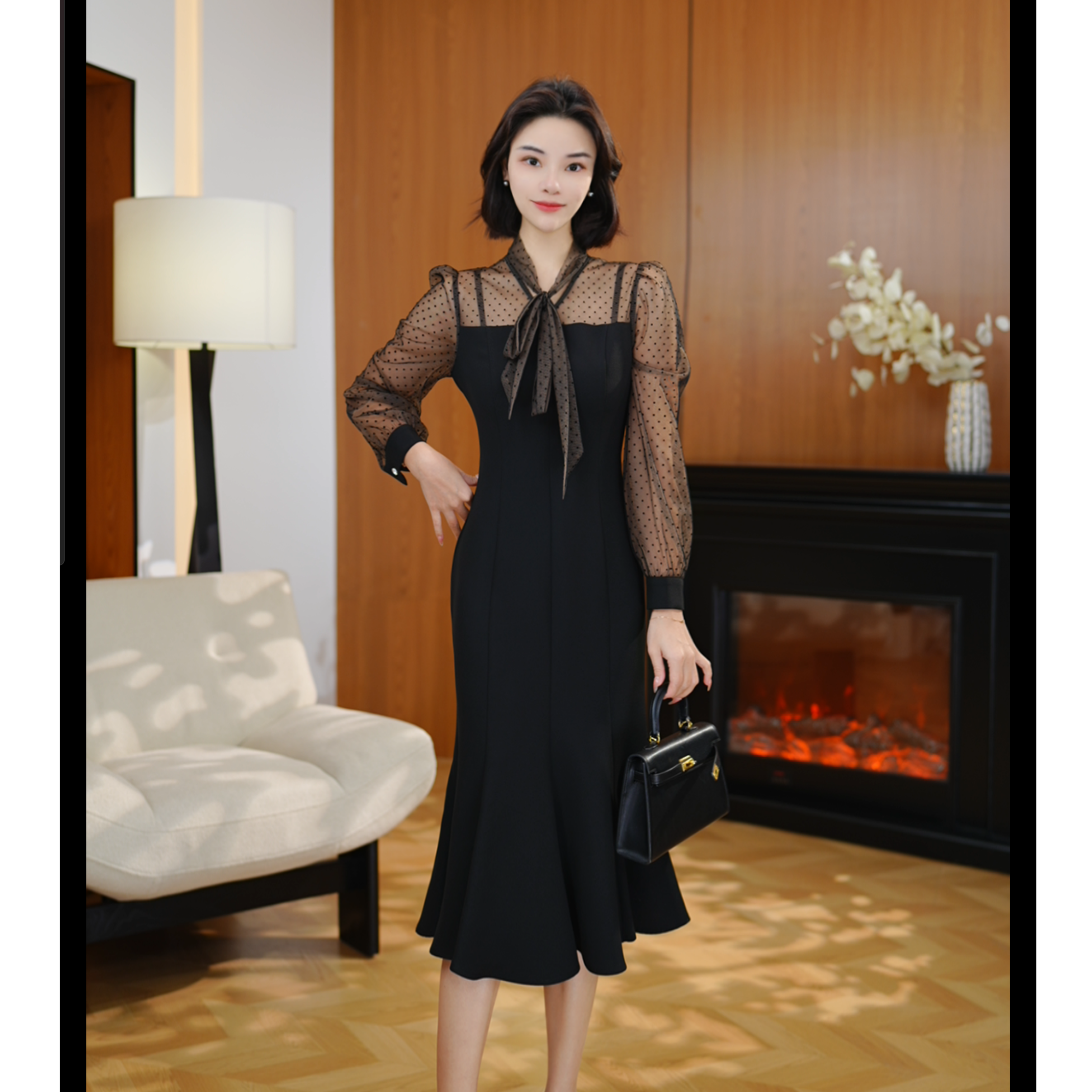 【南油虹姐】秋季鱼尾法式中长裙拼接极简风优雅轻奢连衣裙