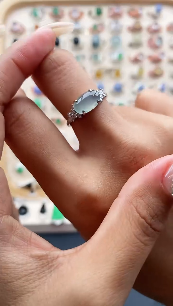 【闪购商品】翡翠戒指银S925镶嵌缅甸天然A货翡翠222  2+7