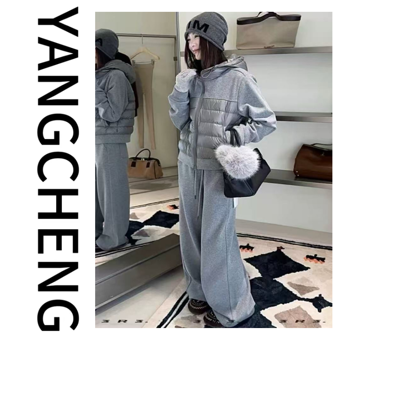 时尚羽绒套装秋冬运动百搭连体连帽直筒套装裤子显瘦高腰休闲复古