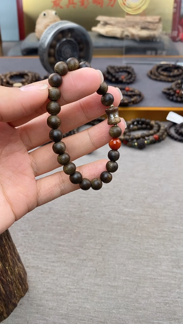 【闪购商品】沉香手串芽庄白棋08＋富森竹节六字镶嵌沉水