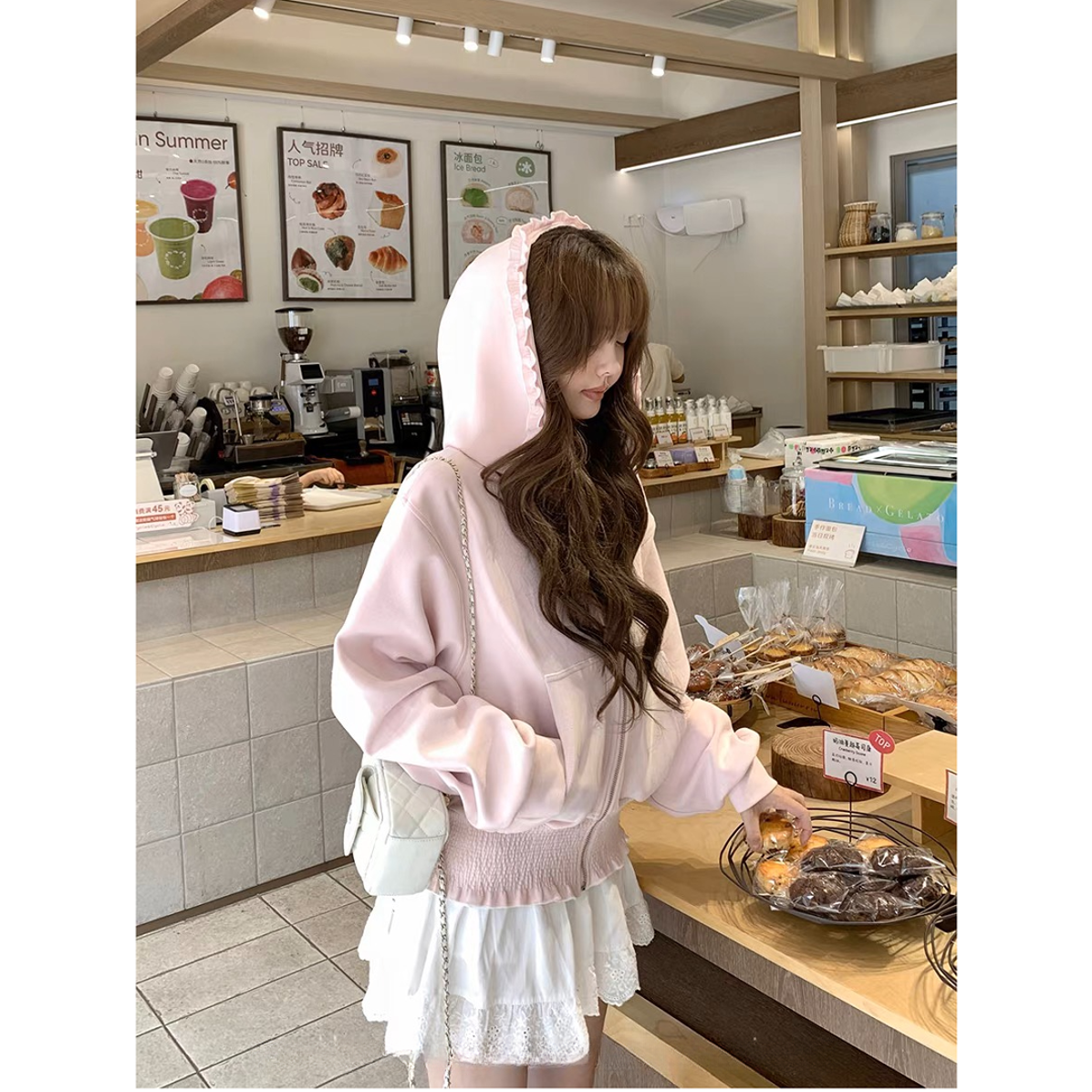 粉色拉链连帽卫衣外套女秋季美式慵懒宽松木耳边帽衫长袖上衣开衫