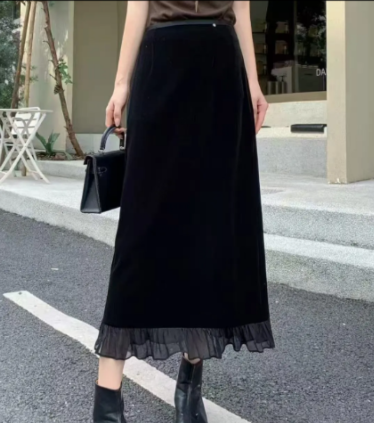 【艳子女装】新款时尚显瘦中长款蕾丝拼接开叉女生黑色半裙2936#