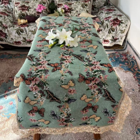 ZN111-214棉麻【90*200】绿蝴蝶水溶花边棉麻交织布桌布