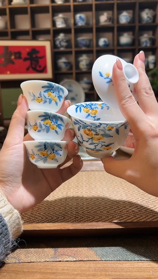 【闪购商品】手绘柿子二才盖碗+送3个客杯