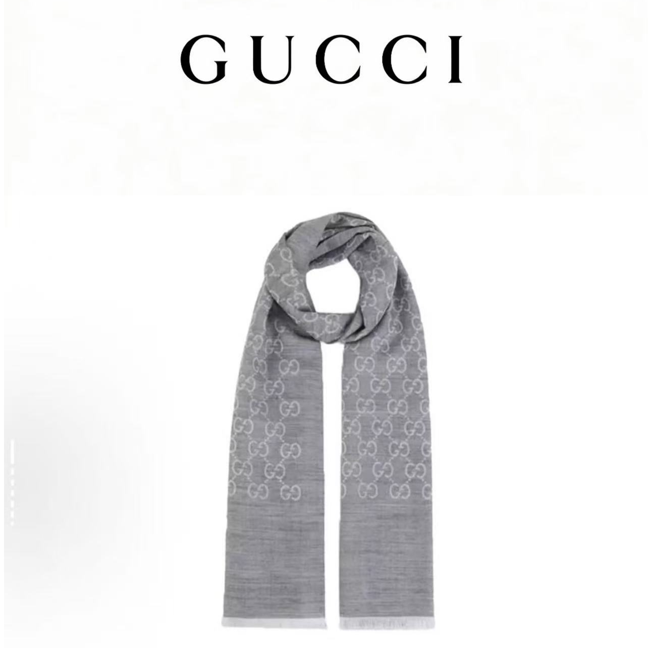 GUCCI/古驰双G双面织花 流苏披肩 绒线围巾 男女同款 浅灰色