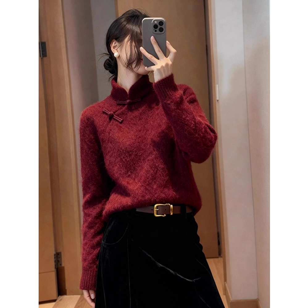 2025秋冬新款中式国风巨好看的气质上衣休闲时尚红色盘扣针织衫女