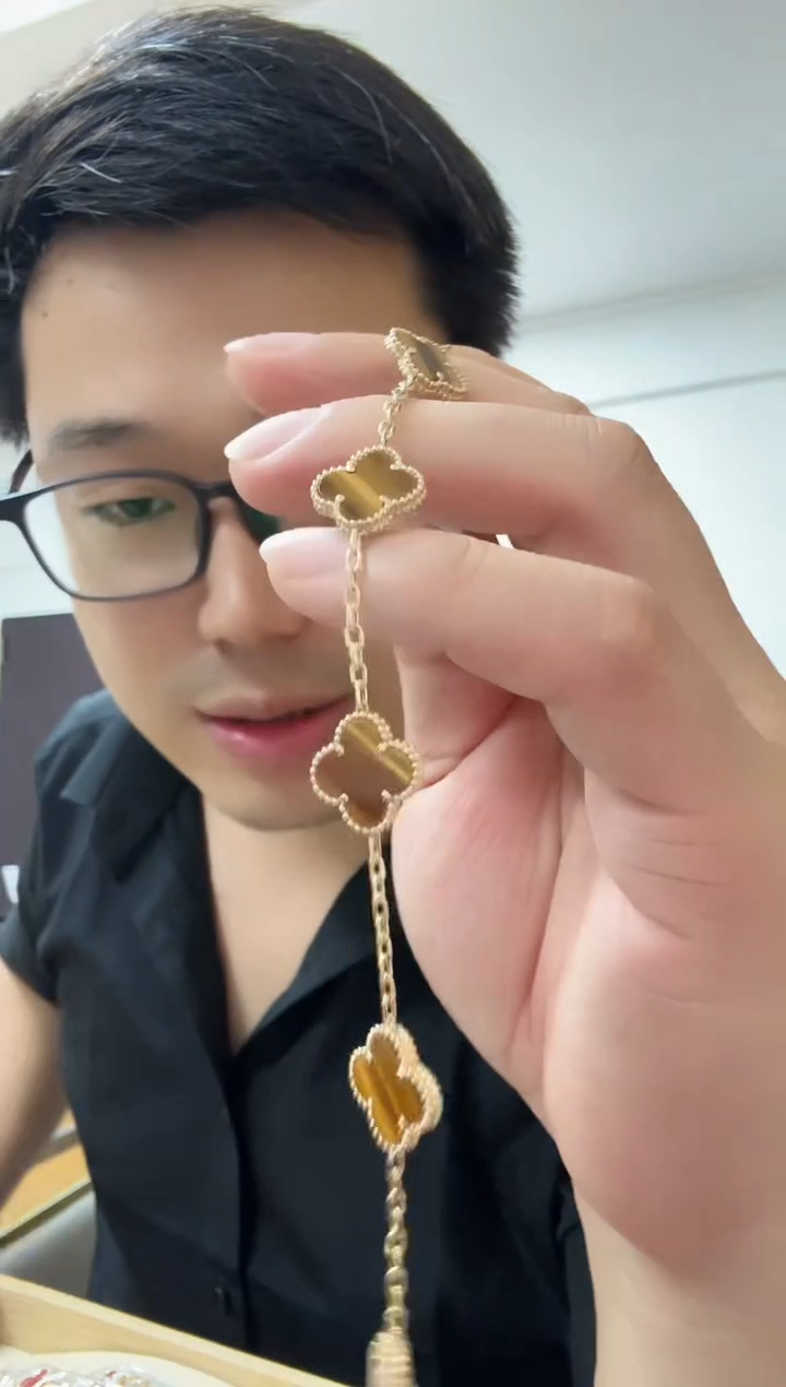 18K金镶嵌手链木变石（虎睛石）酱*紫黄色k黄，五花手链