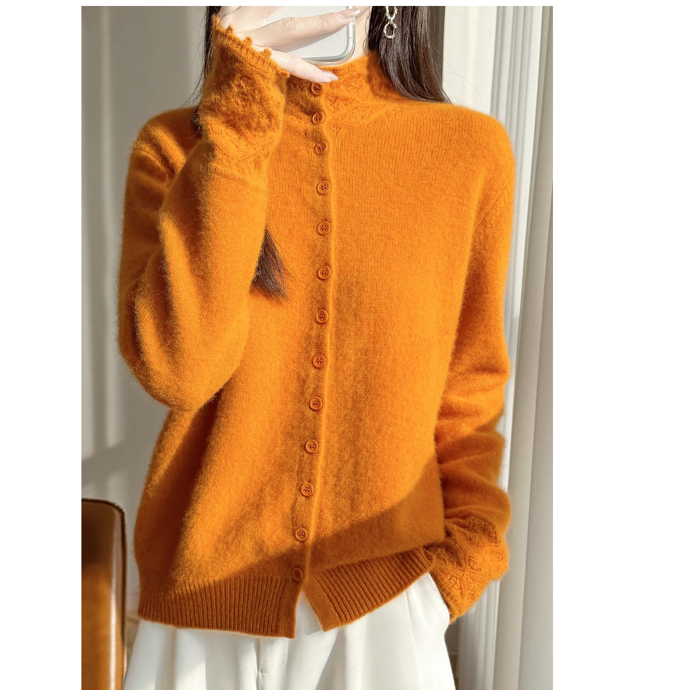 怡青创意4【加厚保暖 钩花花边】冬季新款重磅加厚保暖绵女开衫