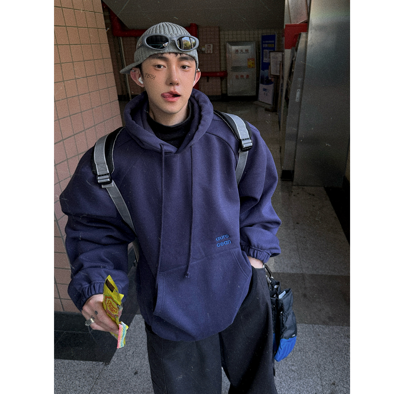 Aurocean 定染灰紫色加绒连帽卫衣500克亲肤绒宽版廓形插肩袖内搭