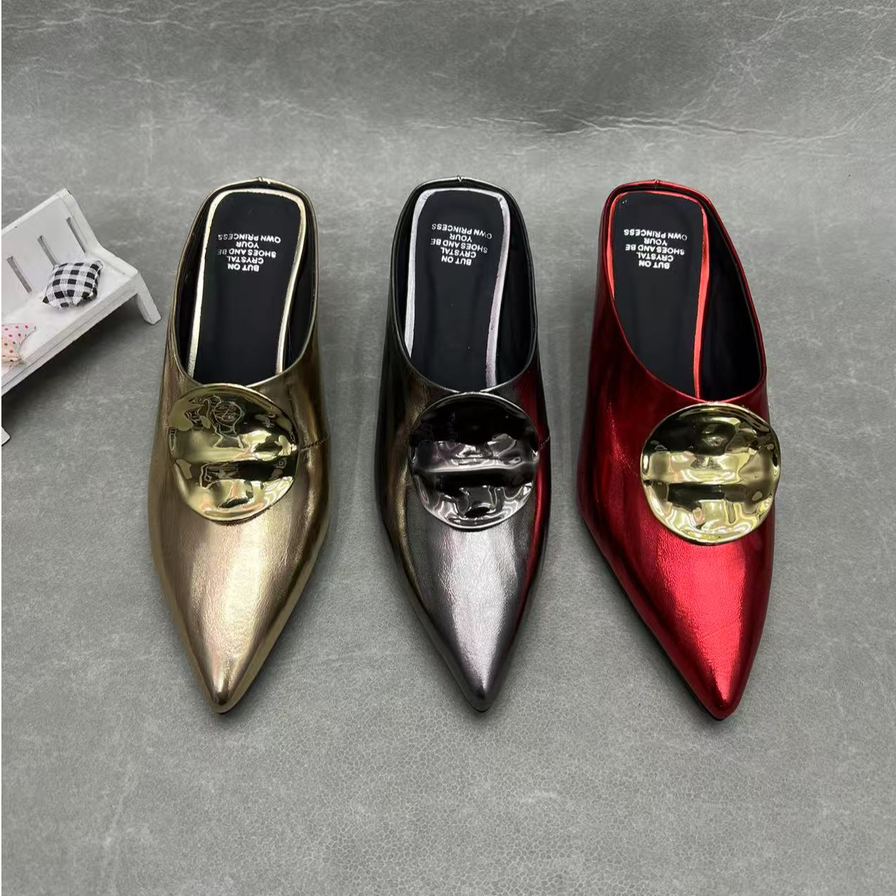跟高5厘米H675-E387细跟高跟真皮牛皮酒红枪色金色手工外穿女拖鞋
